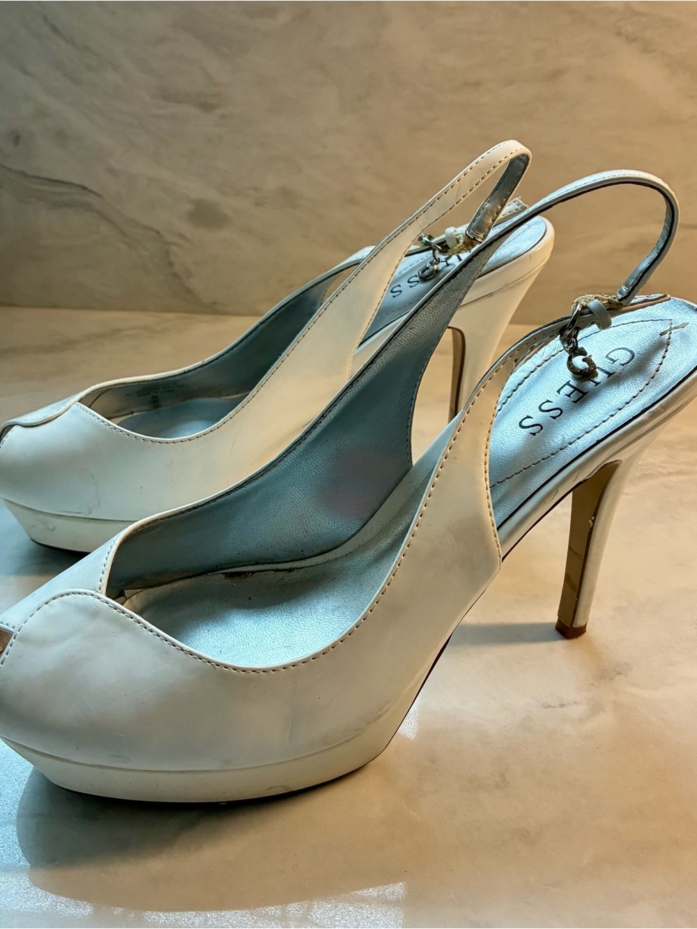Guess White Peep-Toe Slingback Platform Heels with Gold Buckle